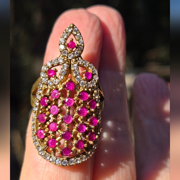 Ruby & Topaz Sterling & Gold Turkush Style Cocktail Ring Sz8.5 - Picture 2 of 8